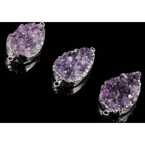 Hot Sale Natural Stone Amethyst Pendant Crystal Cluster Double Hole Connector Charms For DIY Jewelry Making Necklace Accessories