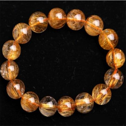 13mm Genuine Natural Gold Copper Hair Needle Rutilated Quartz Crystal Charm Stretch Round Bead Bracelet