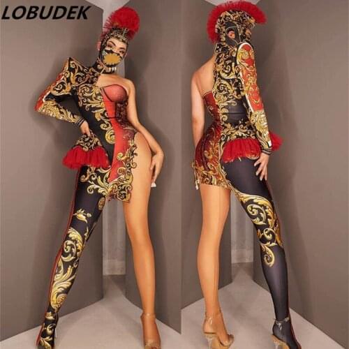 Nightclub Sexy Women Men Team Dance Costume Vintage Print One Shoulder Jumpsuit Headgear Uniform Outfit Cosplay Show Stage Wear