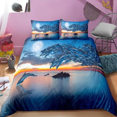 Fanaijia kids Bedding Sets Luxury Dolphin Printed Duvet Cover Set with Pillowcase blue bed comforter bed linen