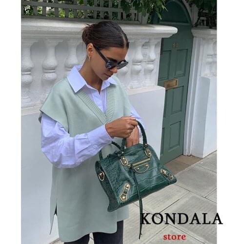 KONDALA Women Fashion Za 2021 casual Sweater Mint Green V-neck Split Knit Ladies Vest Elegant Mujer Tops