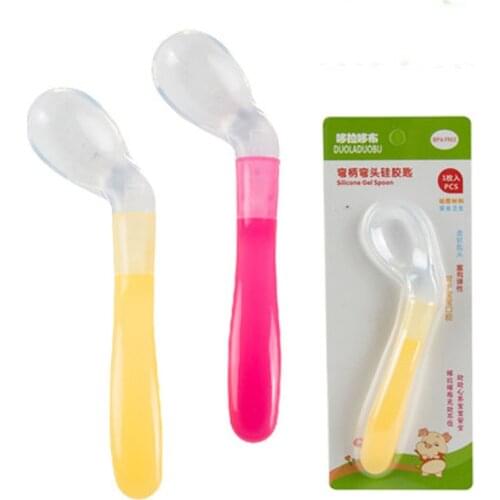 Baby Spoon Safety Silicone Feeding Flatware Baby Feeder Utensils Feeding Spoon Tableware Bend Spoons 3 Colors