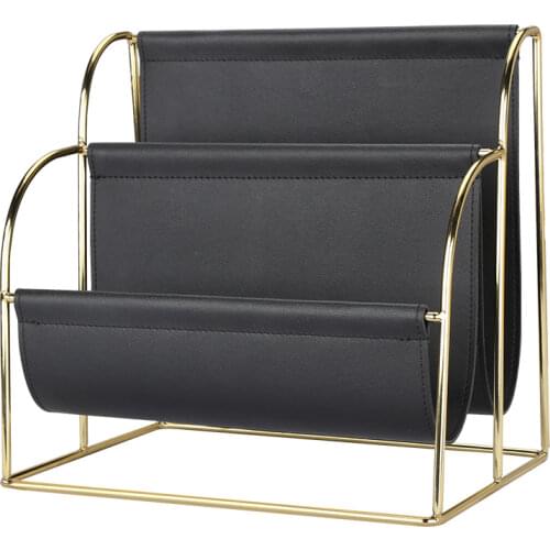 Office Desk Storage Supplies Metal Stand Book Stands Organizer, PU Leather Magazine Rack Holder