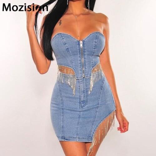 Mozision Denim Two Piece Set For Women Summer Zipper Tassel Crop Top Irregular Skit Suit Ladies Sexy Party Skinny Sets Female