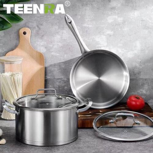 TEENRA 4Pcs Stainless Steel Cookware Set Non-stick Soup Pots Kitchen Milk Pot Thickened Steak Frying Pan Kitchenware Cooking Set