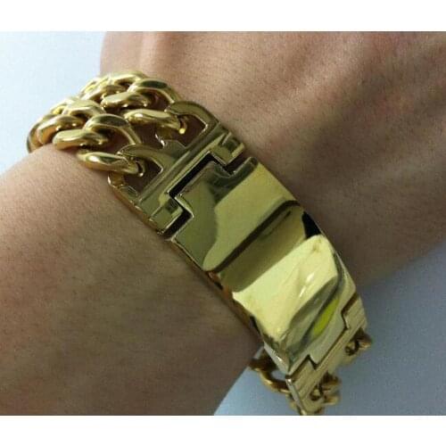 CHARMING GIFTS MEN`S CHUNKY STAINLESS STEEL CUBAN CURB SMOOTH ID LINK GOLD BRACELET(9"x 22mm)