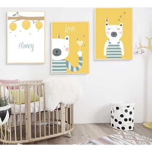 Bee Bear Honey Balloon Love Tree Trunk Wall Art Canvas Painting Nordic Posters And Prints Wall Pictures Kids Room Nursery Decor