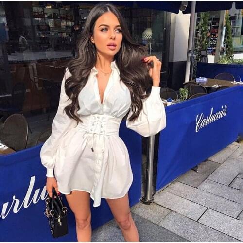 Long Sleeve Shirt Dress with Corset Belt Casual Summer Dress Women Vintage Sexy Pink Fashion Party Dresses Mini White Dress