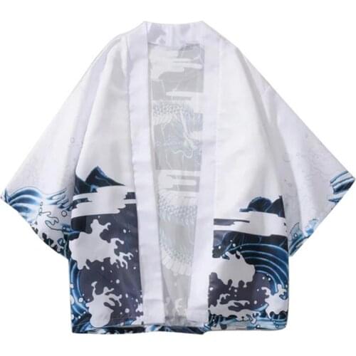Casual Men Wave Dragon 3/4 Sleeve Open Front Kimono Yukata Cardigan Coat Shirt