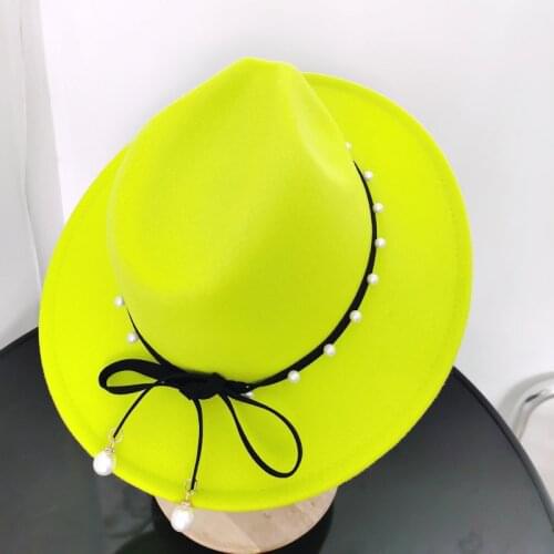 Simple womens woolen hat new fluorescent green fedora hat flower accessories wide brim jazz top hat summer Panama hat
