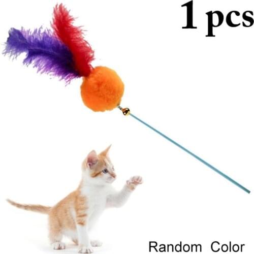 Random Color Cat Teaser Toy Funny Faux Feather Toy Kitten Teasing Wand Cat Wand Toy with Bell Interactive Toys Pet Product