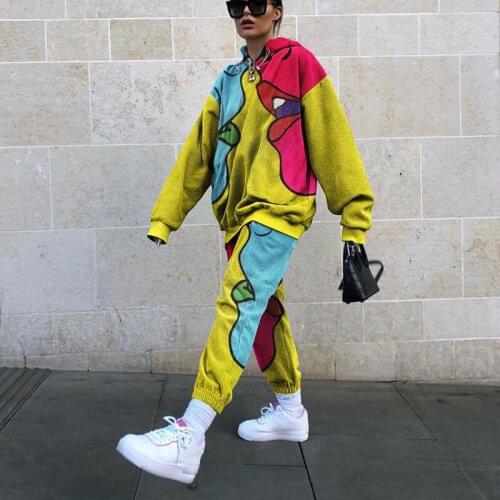 Corduroy Abstract Face Print Two Piece Set Vintage Plus Size Loose Casual Pullover Long Sleeve Trousers Outfits Spring Fall 2021