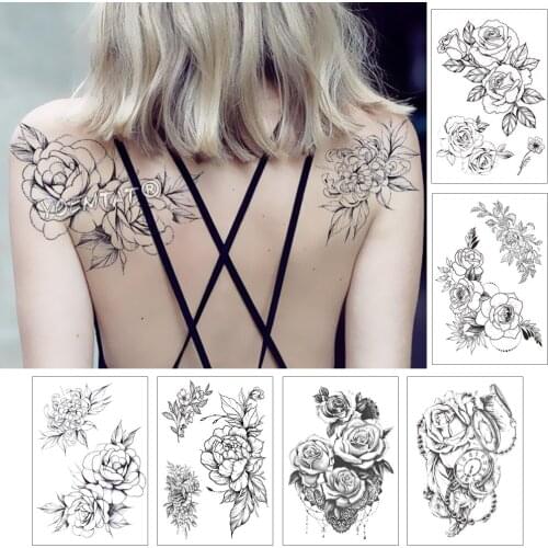 Waterproof Temporary Breast Tattoo Sticker Line Rose Peony Fake Tattoo Flash Tatto Body Art For Women