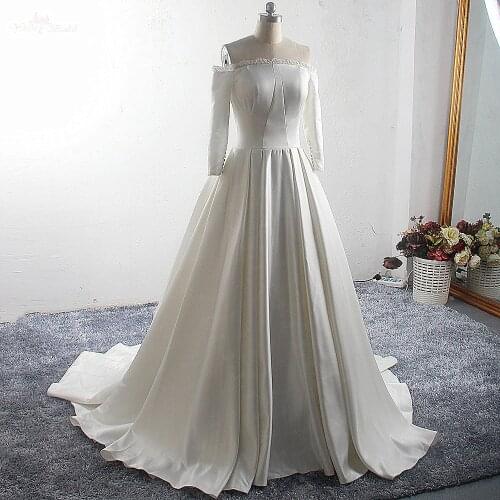 LZ301 High Quality Vintage Ruched Soft Satin Wedding Dress Boat Neck Pockets Princess Long Bridal Gown