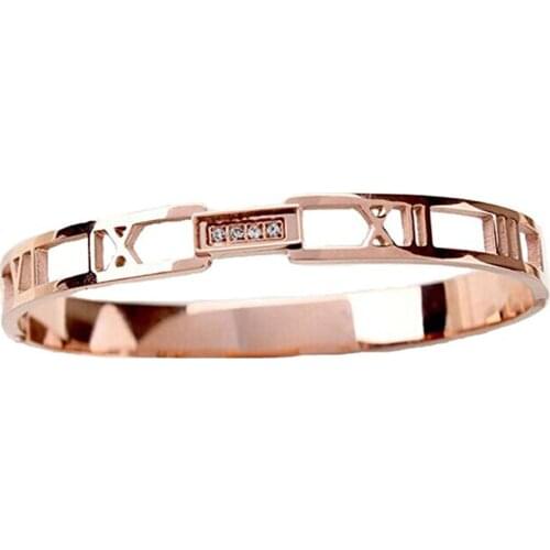 Titanium Steel Jewelry Roman Numerals Gold Tone Womens CNC Zircon Bracelet Bangle Wholesale