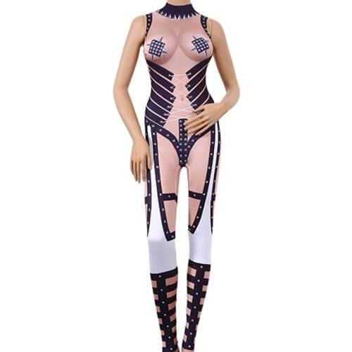 Women Sexy Outfit Metal Black Stage Jumpsuit Sparkling Crystals Bodysuit Nightclub Party DJ Dancer Singer Stage Wear Costumes
