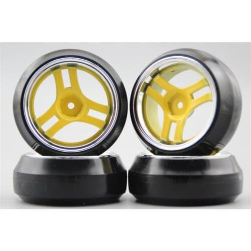4pcs RC 1/10 Hard Drift Tire Tyre Wheel Rim T3S1CY 4mm offset (Chrome+Painting Yellow) Fits For 1:10 Drift Car