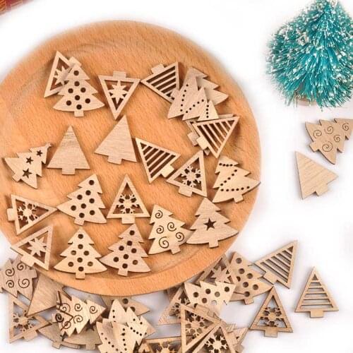 50Pcs Natural Wood DIY Craft For Christmas Mini Tree Home Decor New Year Gift Wooden Hanging Pendant Scrapbooking Ornament M2502