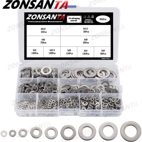 550/730pcs Flat Washer Set Stainless Steel Sealing Solid Ring Plain Gasket Kit M2 M2.5 M3 M4 M5 M6 M8 M10 M12 Assortment Kit