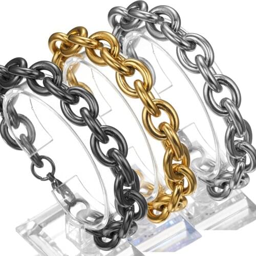 Hip Hip Jewelry Silver Gold Black 316L Stainless Steel Rolo Oval Link Chain Bracelet for Men Women Bangle Jewelry Gift 7-11inch
