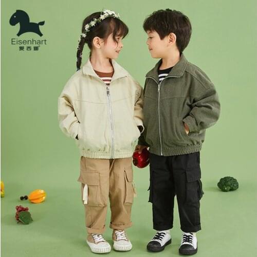 Childrens Jacket Korean Version Short Lapel Solid Color zipper Coat Top Boys and Girls Brother and Sister 2021 Spring Clothes