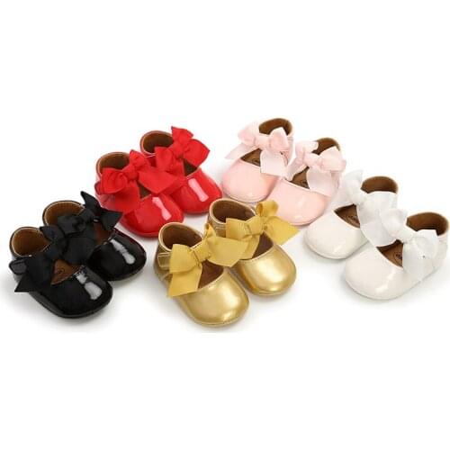 Baby Girl PU Leather Shoes Baptism Soft Sole Princess Flats with Cute Ribbon Bow Non-Slip Infant Crib Shoes Prewealker 0-18M New