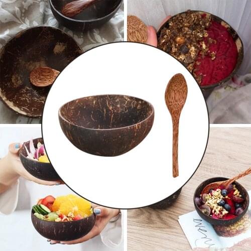 Natural Coconut Bowl Spoon Eco Friendly Wood Tableware Natural Coconut Salad Smoothie Buddha Bowl Kitchen Utensils Environmental