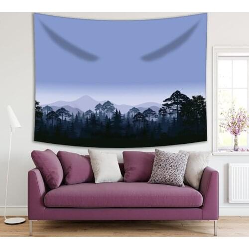 Tapestry Night Forest Landscape Trees and Mountains Silhouettes Black and Navy Blue Monochrome Nature Scenery Printed