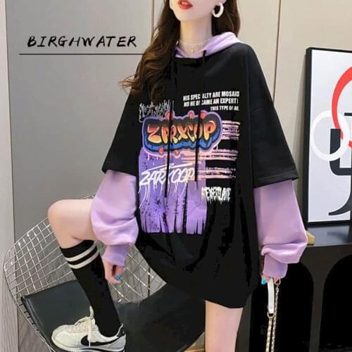 Korean version of loose fake two-piece sweatshirt women hooded 2020 autumn new mid-length student all-match jacket jacket trend
