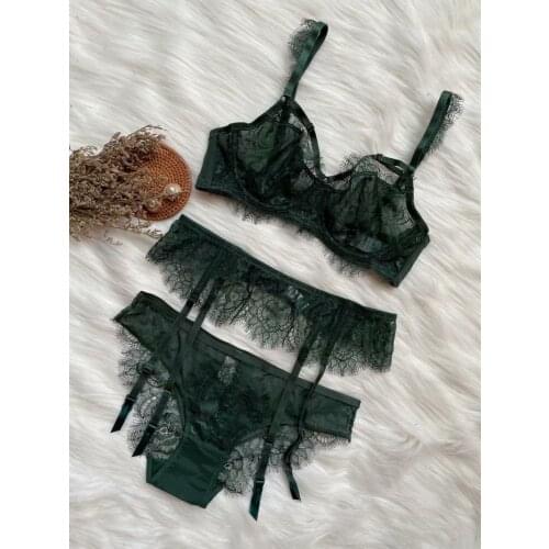 Lace ultrathin brassiere temptation eyelashes bralette panties sexy lingerie three-piece set women plus size push up bra set