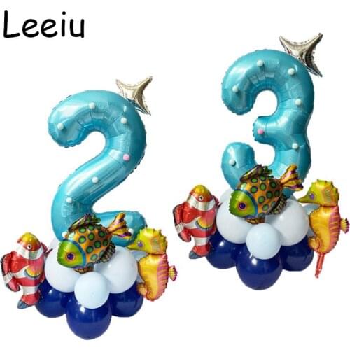 Leeiu Under Sea Animal Balloons Set Kids 1 2 3 Year Birthday Decoration Baby Shower Mermaid Party DIY Foil Balloon With Fur Ball
