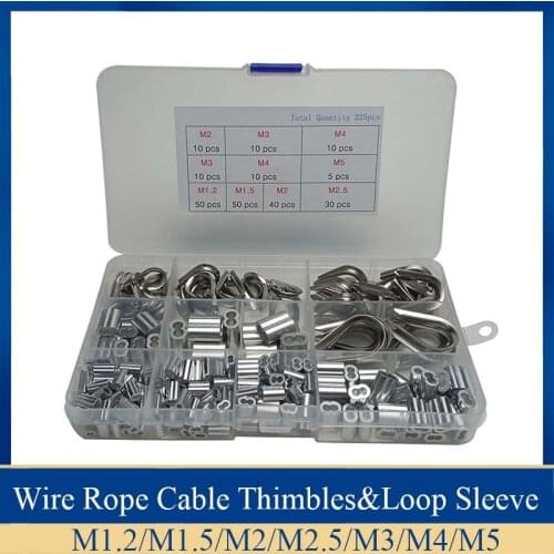 225Pcs/Set M1.2/1.5/2/3/4/5 Stainless Steel Thimble and 6-Size Aluminum Crimping Loop Sleeve Assortment Kit
