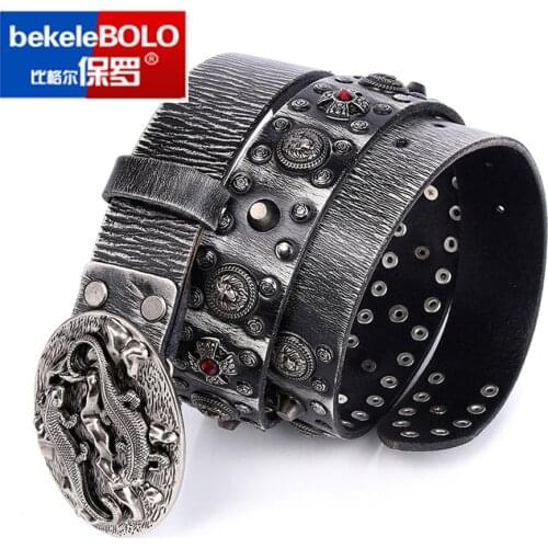 Men Belt Jeans White Belt Genuine Leather Vintage Metal Skull Punk Stud Cowboy Strap Cinturon Ceinture Homme Riem Belts