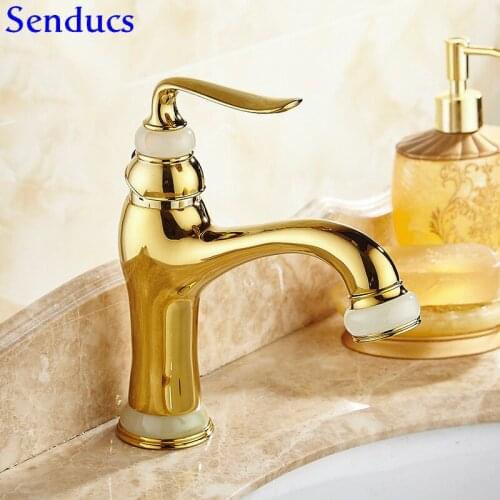 Senducs Gold Jade Stone Bathroom Basin Faucet European Style Bathroom Gold Basin Faucet Hot Cold Gold Bathroom Mixer Tap