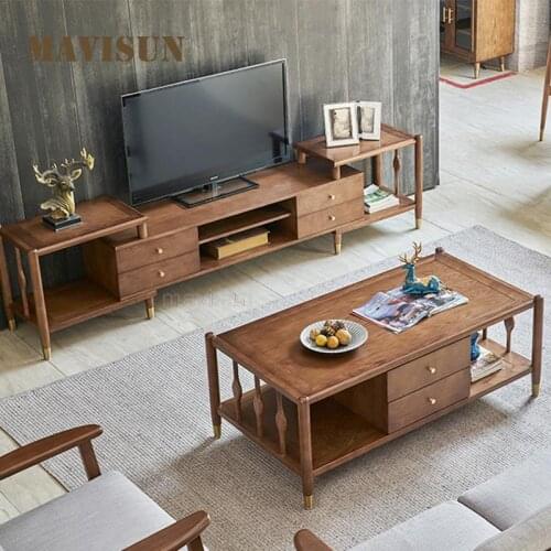 Nordic Solid Wood Retractable TV Cabinet Coffee Table Set Simple Modern Large And Small Type Apartment Furniture Tea Table
