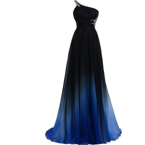 Sexy Criss-Cross Back One Shoulder Ombre Blue Black Red Chiffon Long Prom Dresses 2020 Real Photos Formal Party Gowns