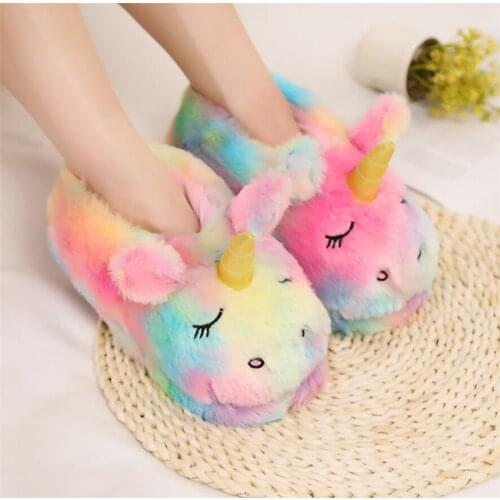 Women Winter Home Slippers Furry Unicorn Slippers Cute Cartoon Slides Snug Bedroom Slides Warm Cotton Slippers Indoor Slippers