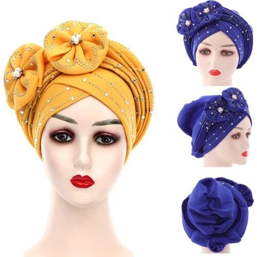 Female African Auto Gele Hijabs with Flower hat Headscarf Bonnet Arab Head Wraps Women Braid Muslim African toe cap Indian cap