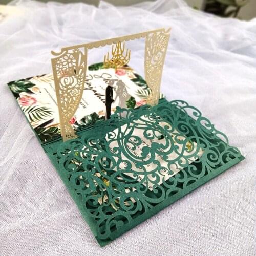 10x Luxury 3D Invite Pocket Wedding Invitation Cards Bride & Groom Trifold Card Teal Green Navy Burgundy Laser Cut Favor Cover