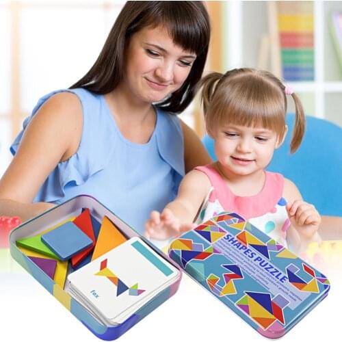 7pcs/9pcs Wooden Tangram Jigsaw Toys Training Puzzle Cognitive Children Early Education Puzzle Toy with 50/60 Cards Box