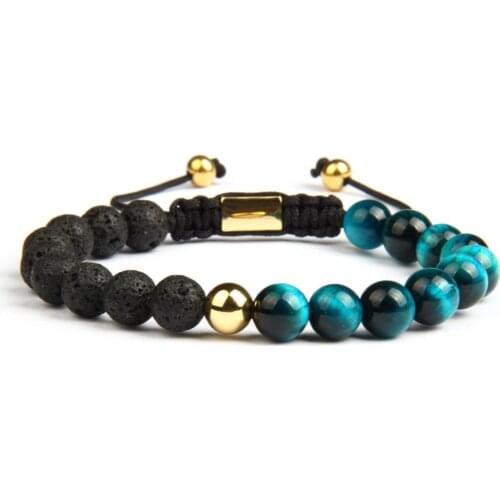 8mm Natural Round Tiger Eye & Lava Stone Bracelet Stainless Steel Logo Square Bead Private Words Braided Customized Jewelry