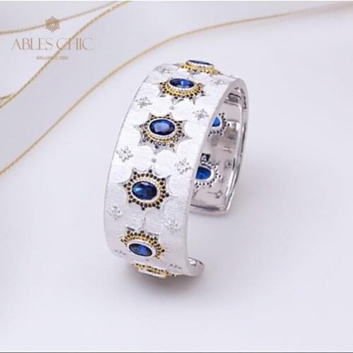 925 Silver Engraved Oval Sapphires Stars Floral Bangle Bracelet CZ Tradition Silk Renaissance Wedding Wide Cuff Fine Jewelry