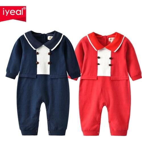 IYEAL Baby Boys Girls Romper Knitted Cotton Long Sleeve Turn-down Collar Jumpsuit Infant Clothing Autumn Newborn Baby Clothes