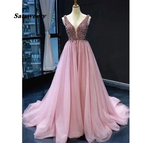Heavy Beads Pink Long Evening Dresses 2021 Plus Size Lace Up Back Elegant Tulle Prom Gown vestidos Special Occasion Dress Custom