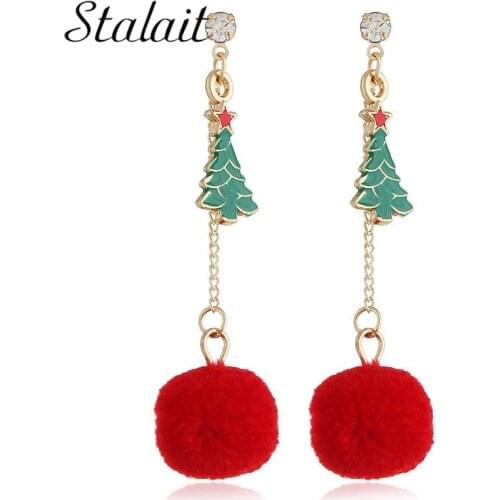 Enamel Green Christmas Tree Pompon Pendant Drop Earrings For Women Gold Color Link Chain Tassel Earrings Jewelry Christmas Gifts