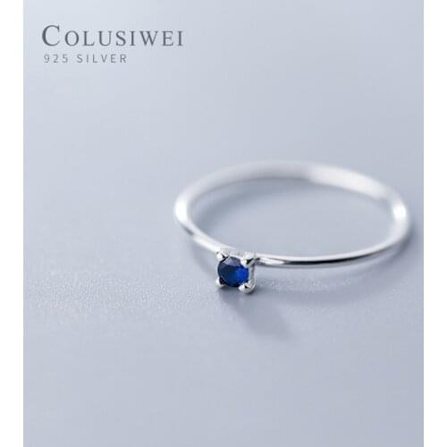 Colusiwei Trendy 925 Sterling Silver Minimalist Stackable Navy Blue Crystal Finger Ring for Women Girl Korea Style Fine Jewelry