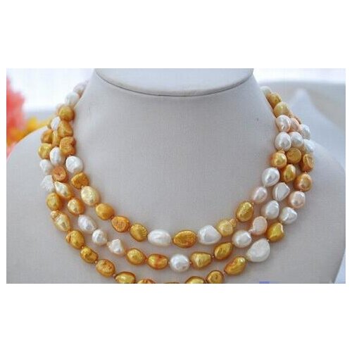 Beautiful 50" 10mm baroque yellow white pink freshwater pearl necklace
