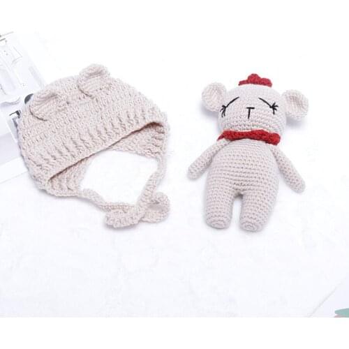 Crochet Knitted Newborn Baby Hat Photography Photo Props Handmade Infant Ear Bear Beanie Cap with Doll Set Cute Shower Gift