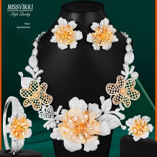 Missvikki High Quality Dubai Luxury Wedding Noble Flowers Pendant Necklace Bangle Earrings Ring For Women Bridal Jewelry Set