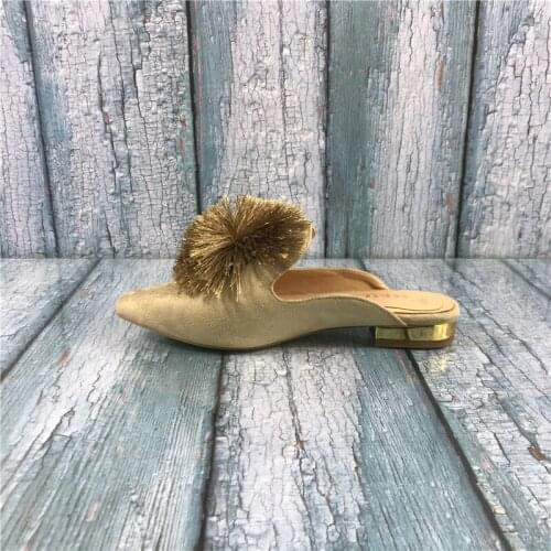 Kmeioo Mules for Women, US 5-15 New Fashion Puff Pompom-Embellished Slip On Loafers Backless Pointed Toe Satin Mule Slides